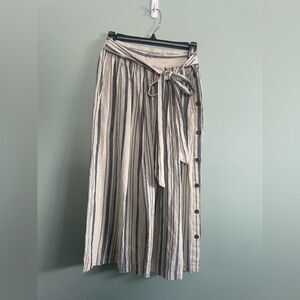 Zara Basics White and Blue Midi Linen Skirt with Tie Front and Side Buttons Sz M